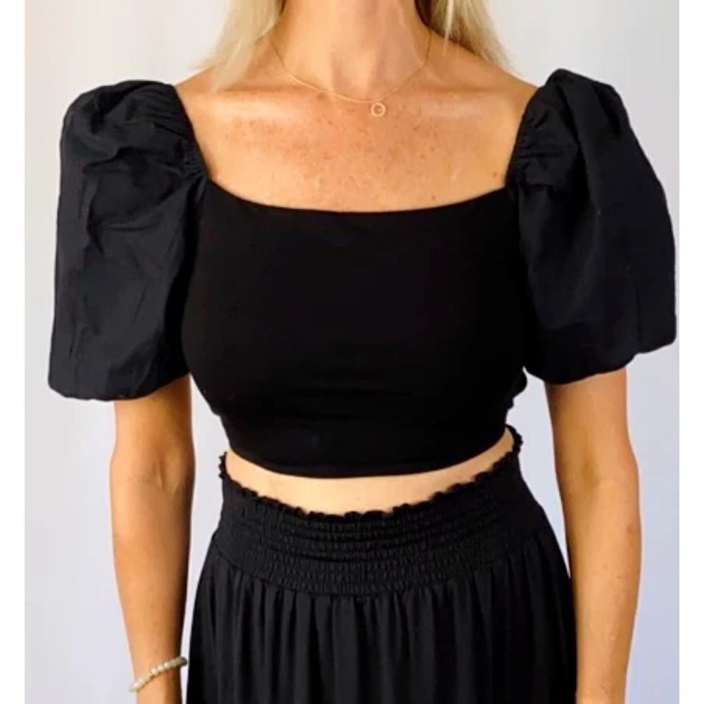Mimosa Women’s Medium Black Cropped Square Neck Puff Sleeve Open Back Top